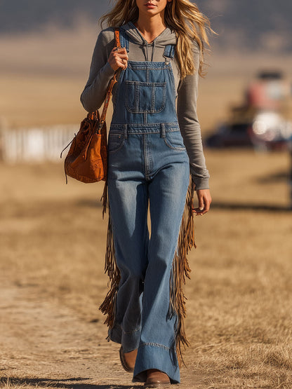 Western Retro Blue Denim Tassel Flared Overalls