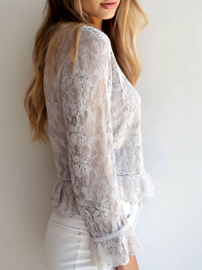 (clearance)Stylish V-neck Button Down Long Sleeve Lace Shirt