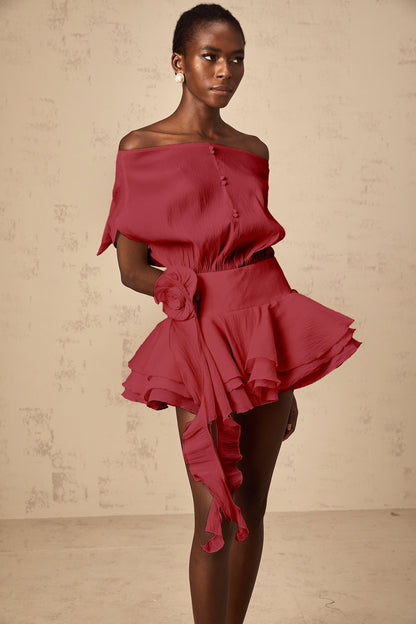 Amélie Red Floral Appliqué Flounced Mini Dress