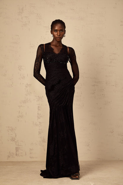 Ursula black floral-lace mermaid maxi dress
