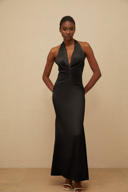 Colette Black Halterneck Ruched Satin Gown