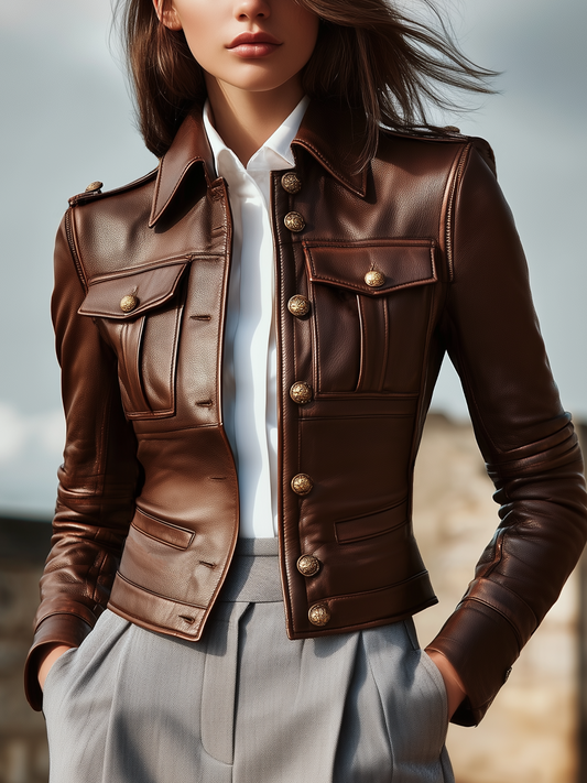 Vintage Metal Button Pocket Eco-Leather Jacket