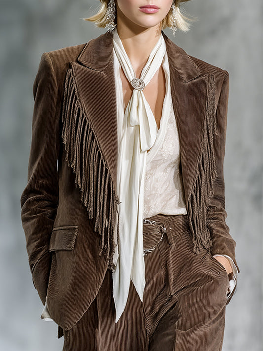 Casual Loose Retro Chocolate Brown Corduroy Tassel Blazer