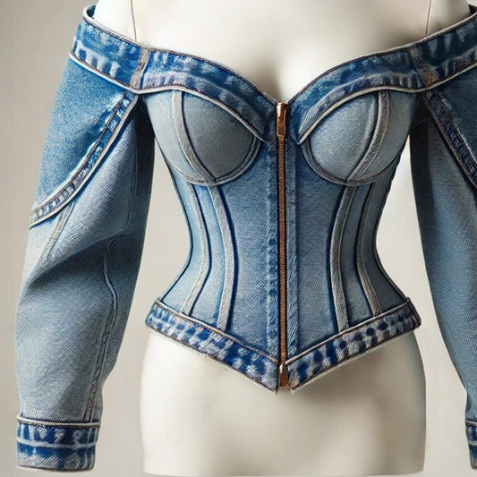Ursime Denim Off The Shoulder Zip Up Long Sleeve Blouse