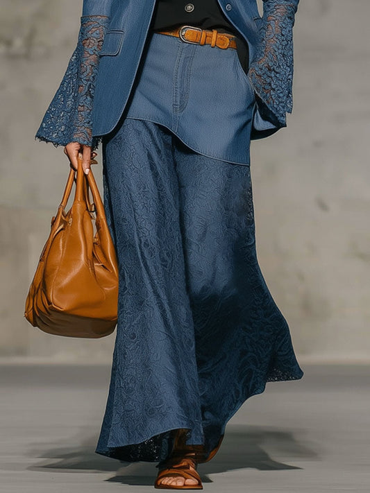 Casual Retro Blue Blended Lace Paneled Wide-Leg Skirt Pants