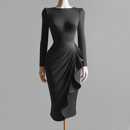 Ursime Elegant Long Sleeve Draped Ruffles Bodycon Midi Dress