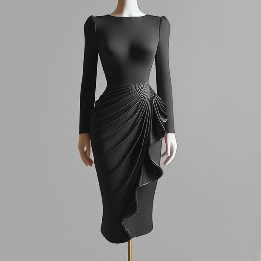 Ursime Elegant Long Sleeve Draped Ruffles Bodycon Midi Dress