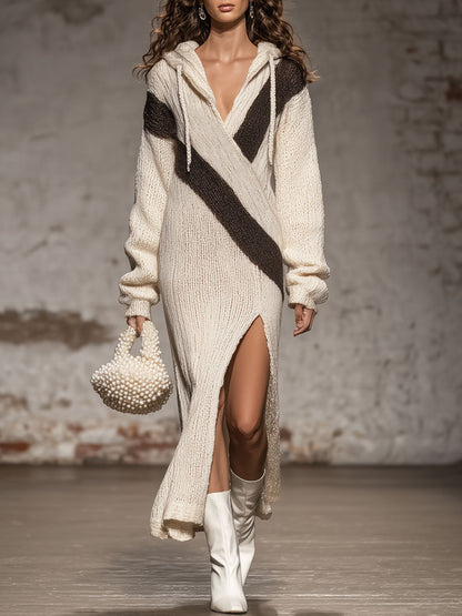Loose V-neck Hooded Contrast Color Slit Retro Knitted Midi Dress