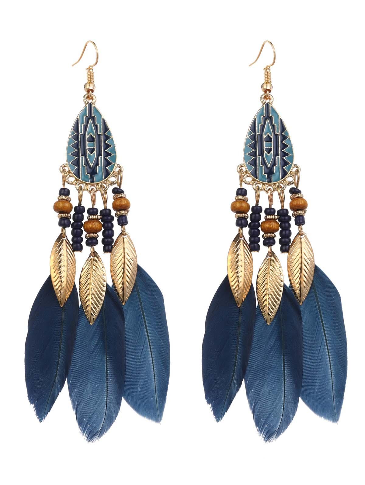 Retro Feather Decor Beaded Dangle Earrings