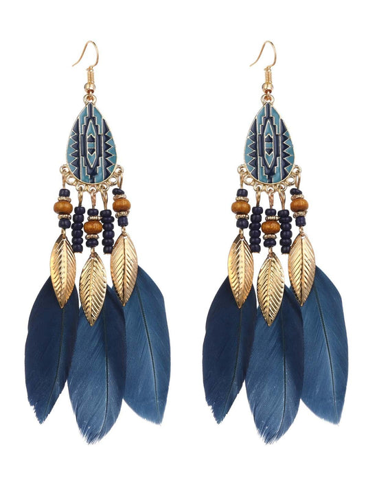 Retro Feather Decor Beaded Dangle Earrings