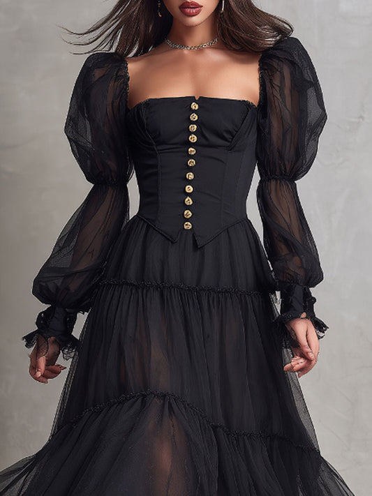 Black Square-neck Bubble Long-sleeved Waist Maxi Dress