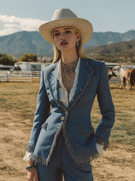 Vintage Western Casual Blue Tassel Lapel Blazer