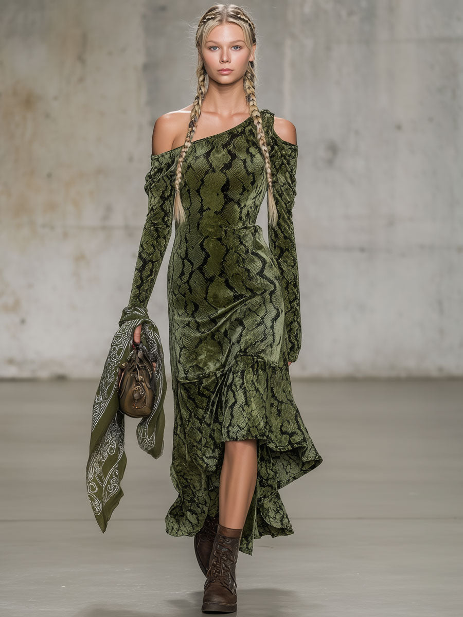 Vintage Snake Print Moss Green Velvet Off-The-Shoulder Maxi Dress