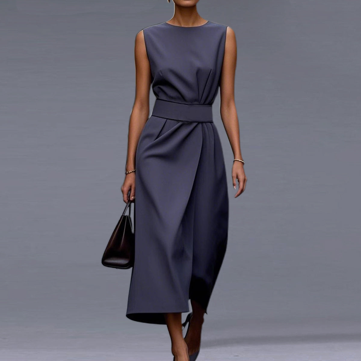Formal Solid Round Neck Sleeveless Belt Midi Dress