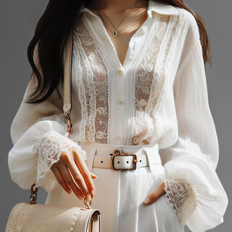 Elegant Hollow Lace Patchwork Lantern Sleeve Button Blouse