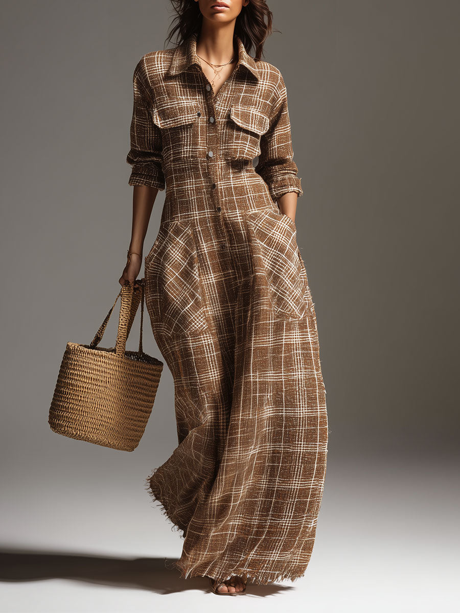 Retro Plaid Shirt Collar Patch Pocket Maxi Dress