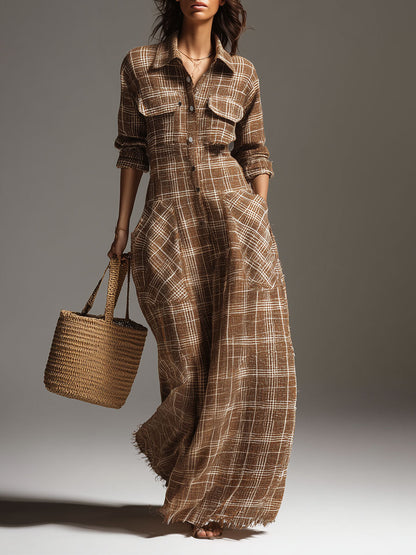 Retro Plaid Shirt Collar Patch Pocket Maxi Dress