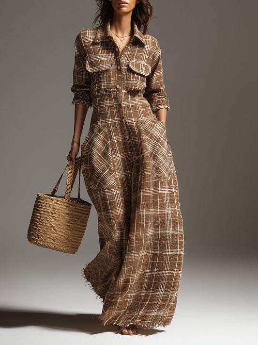 Retro Plaid Shirt Collar Patch Pocket Maxi Dress