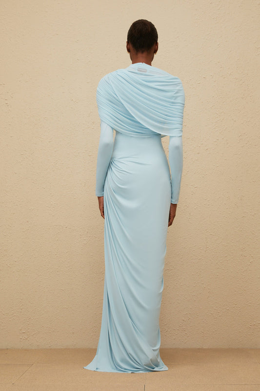 Catherine Baby-Blue Asymmetrical Pleated Long-Sleeve Maxi Dress