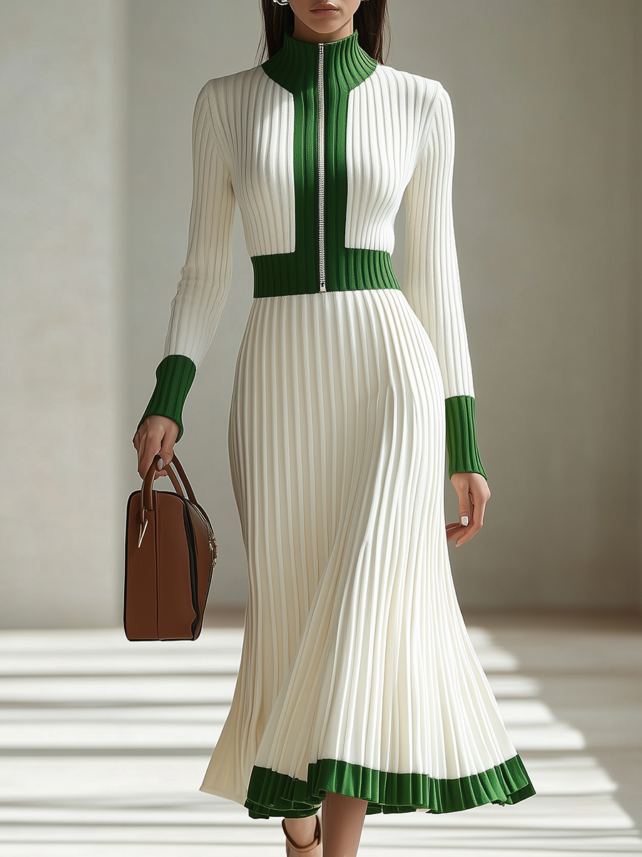 Retro Zipper Stand Collar Stitching Contrast Color Knitted Maxi Dress