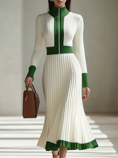 Retro Zipper Stand Collar Stitching Contrast Color Knitted Maxi Dress