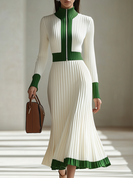 Retro Zipper Stand Collar Stitching Contrast Color Knitted Maxi Dress