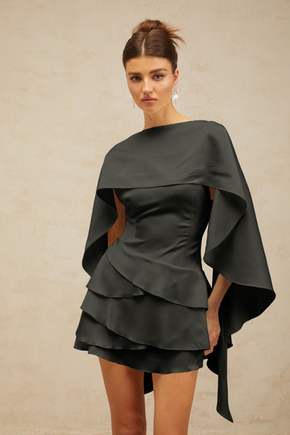 Lyna Black Satin Ruffled Mini Dress with Shawl Panel Detail