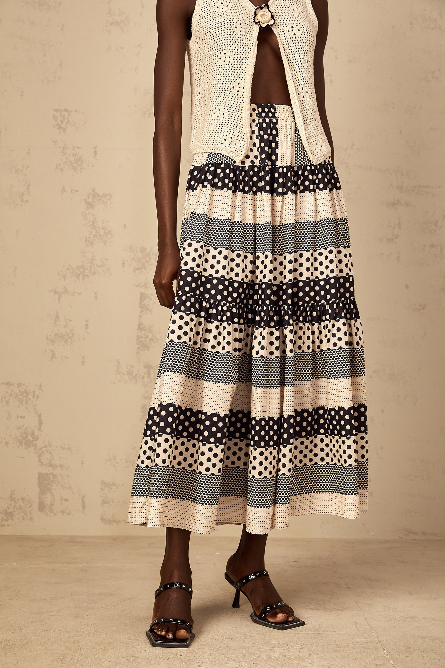 Joséphine Color Block Shirred Polka Dot Skirt