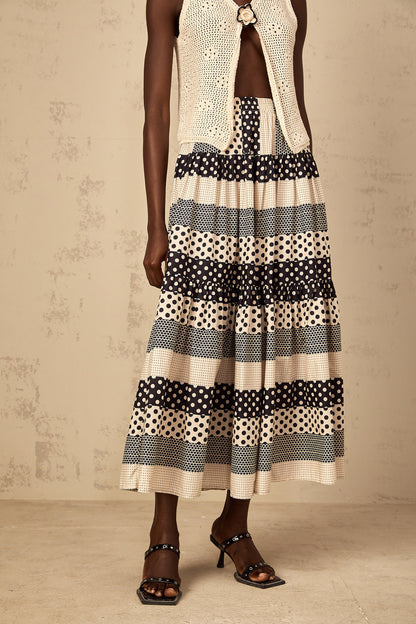 Joséphine Color Block Shirred Polka Dot Skirt