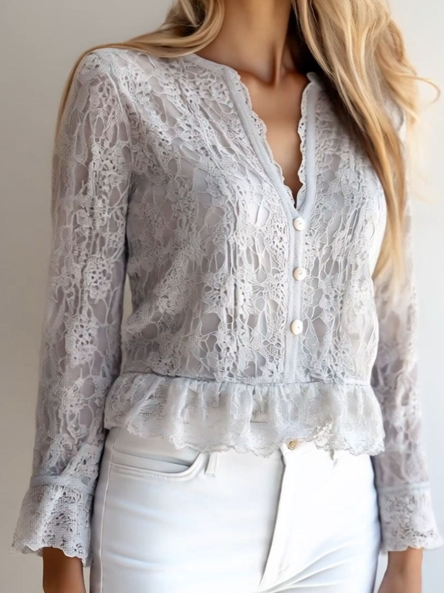 (clearance)Stylish V-neck Button Down Long Sleeve Lace Shirt