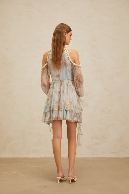 Glannon Blue Floral Print Silk Mini Dress