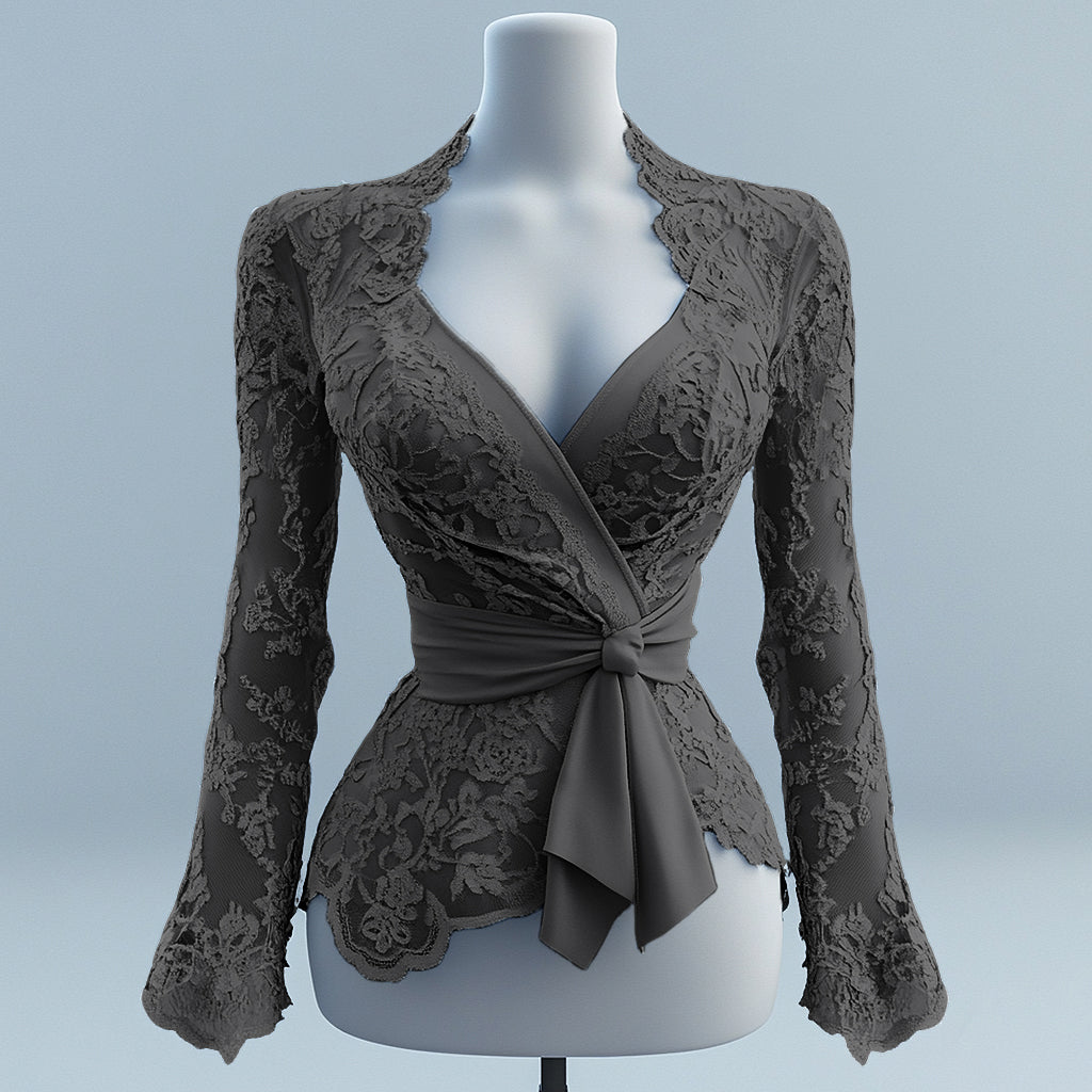 Ursime Lace Wrap V Neck Long Sleeve Irregular Hem Blouse