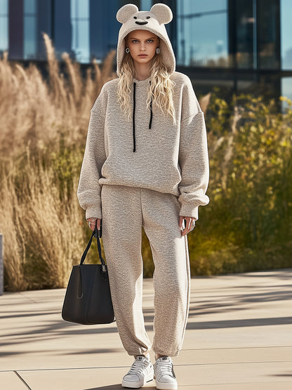Casual And Fashionable Light Apricot Bear Face Hooded Sweatshirt And Sweatpants Set