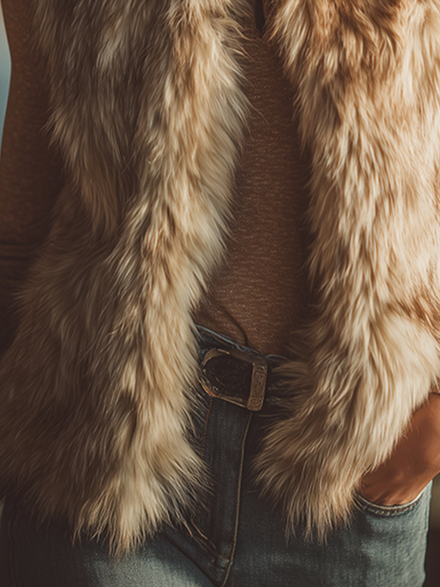 Vintage Western Light Brown Stand Collar Faux Fur Vest