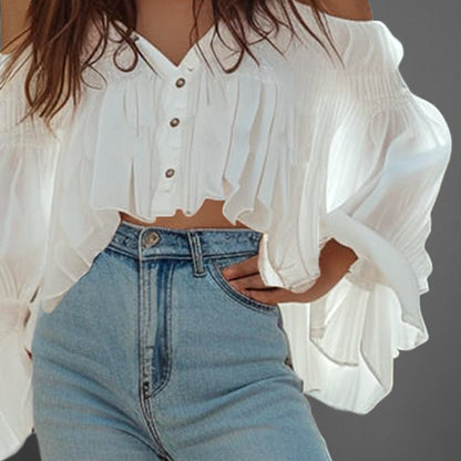 Everyday Button Off-Shoulder Lantern Sleeve Loose Blouse