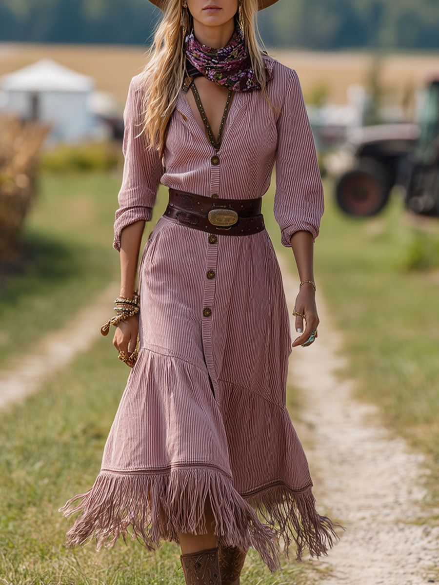 Western Retro Pink Corduroy Long Sleeve Tassel Midi Dress