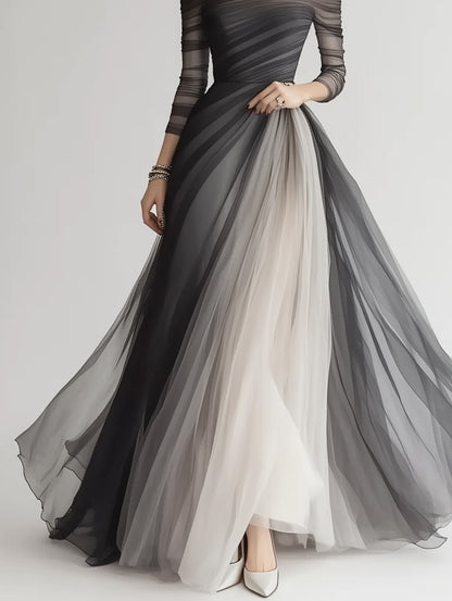 Ursime Ombre Pattern Off Shoulder Long Sleeve Layered Maxi Dress