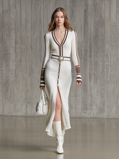 White And Brown Button Wool  Midi Dress