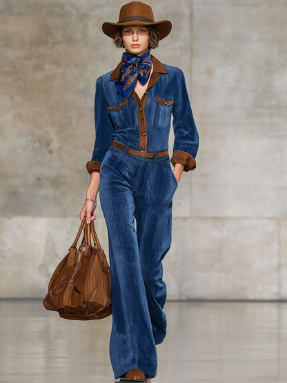 Western Retro Brown Trim Blue Corduroy Long Sleeve Jumpsuit