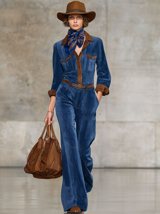 Western Retro Brown Trim Blue Corduroy Long Sleeve Jumpsuit