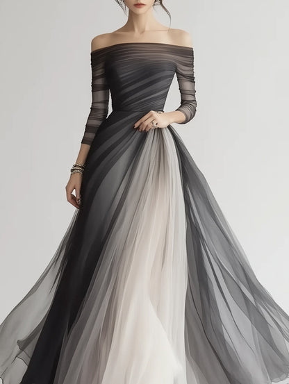 Ursime Ombre Pattern Off Shoulder Long Sleeve Layered Maxi Dress