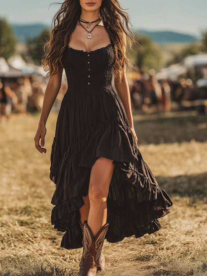 【24-hour shipping out】Western Retro Black Pleated Irregular Ruffle Sleeveless Maxi Dress