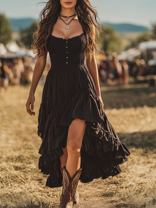 【24-hour shipping out】Western Retro Black Pleated Irregular Ruffle Sleeveless Maxi Dress