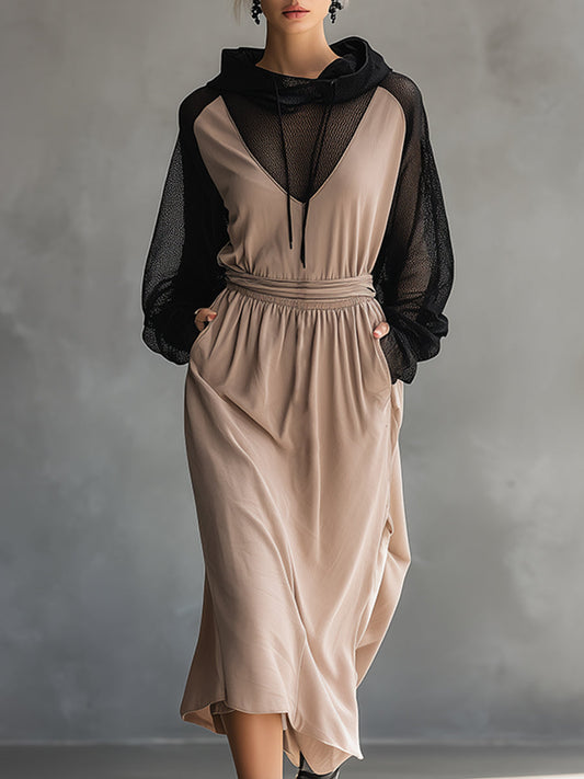 Casual Loose Mesh Stitching Dry Pink Hooded Sweatshirt Long-sleeved Midi Dress
