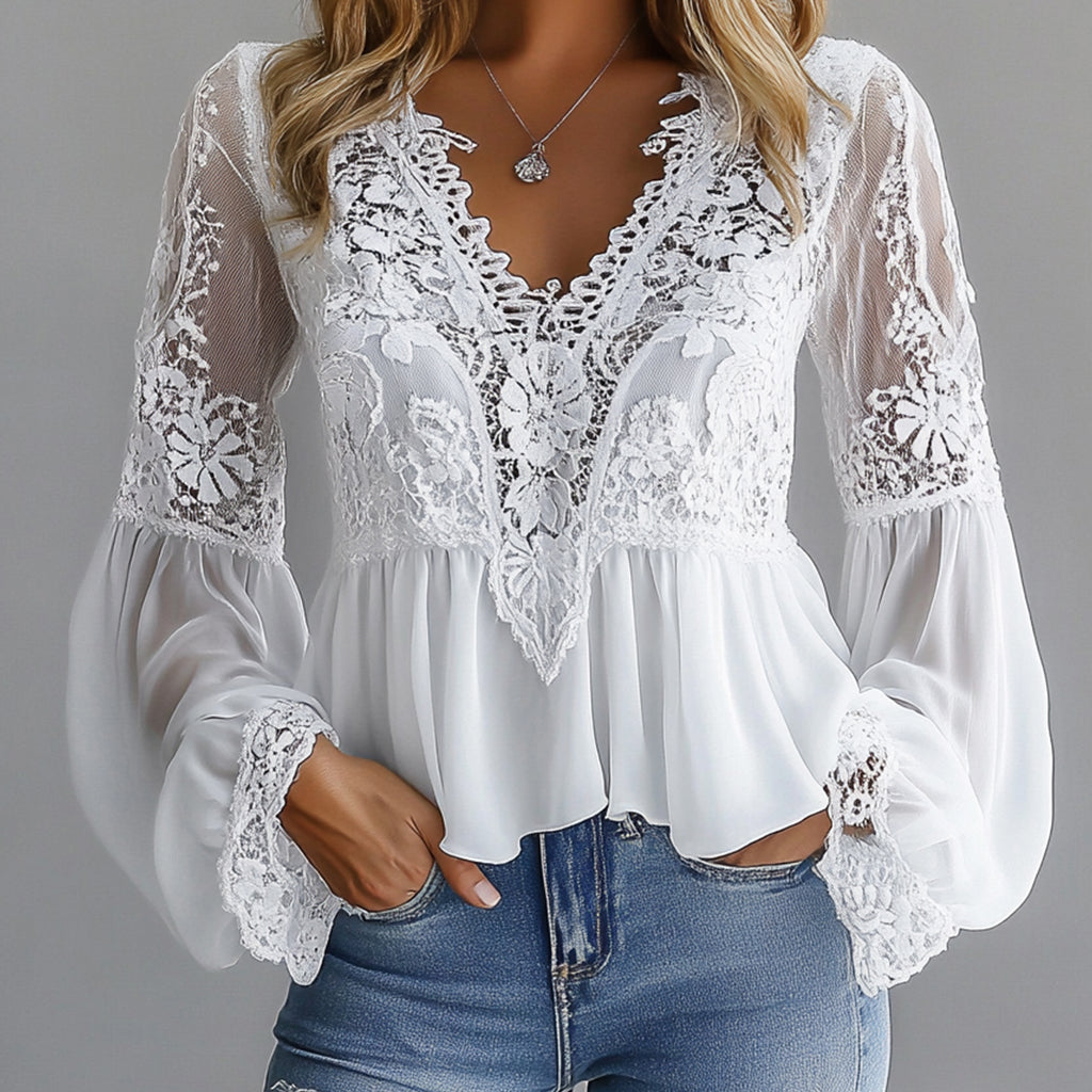 Ursime Lace Floral Hollow Out V Neck Lantern Sleeve Blouse