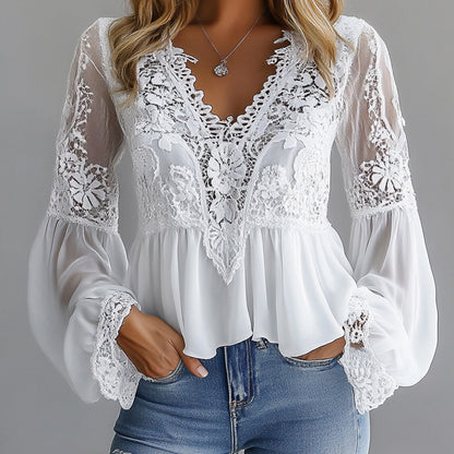Ursime Lace Floral Hollow Out V Neck Lantern Sleeve Blouse