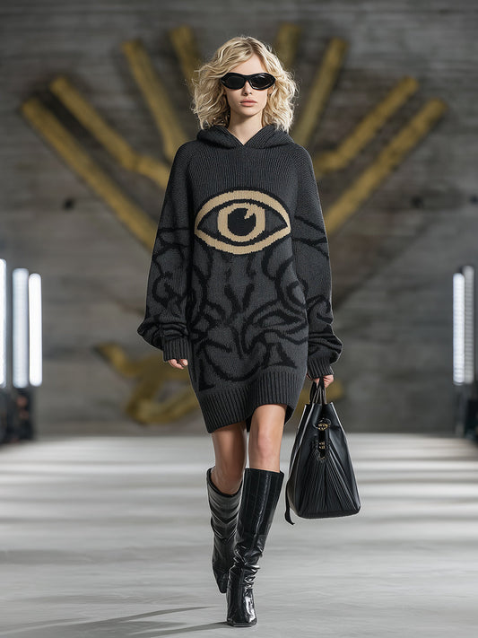 Casual And Fashionable Hooded Eye Pattern Gray Knitted Mini Dress