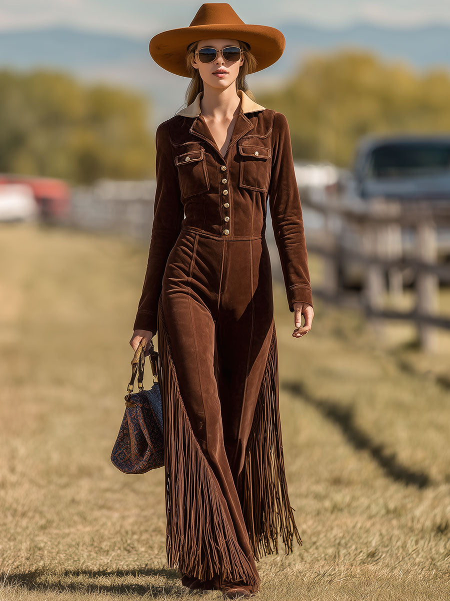 Western Retro Cocoa Brown Suede Long Sleeve Wide Leg Tassel Jumpsuit