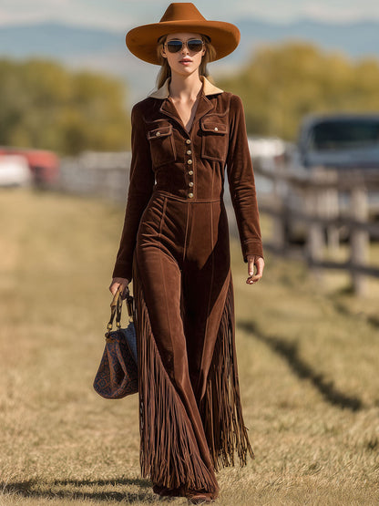 Western Retro Cocoa Brown Suede Long Sleeve Wide Leg Tassel Jumpsuit