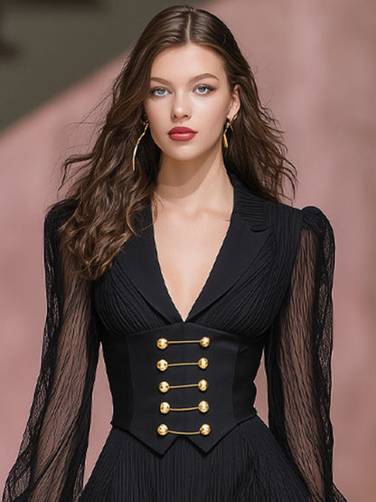 Black Lapel Long-sleeved Waist Midi Dress